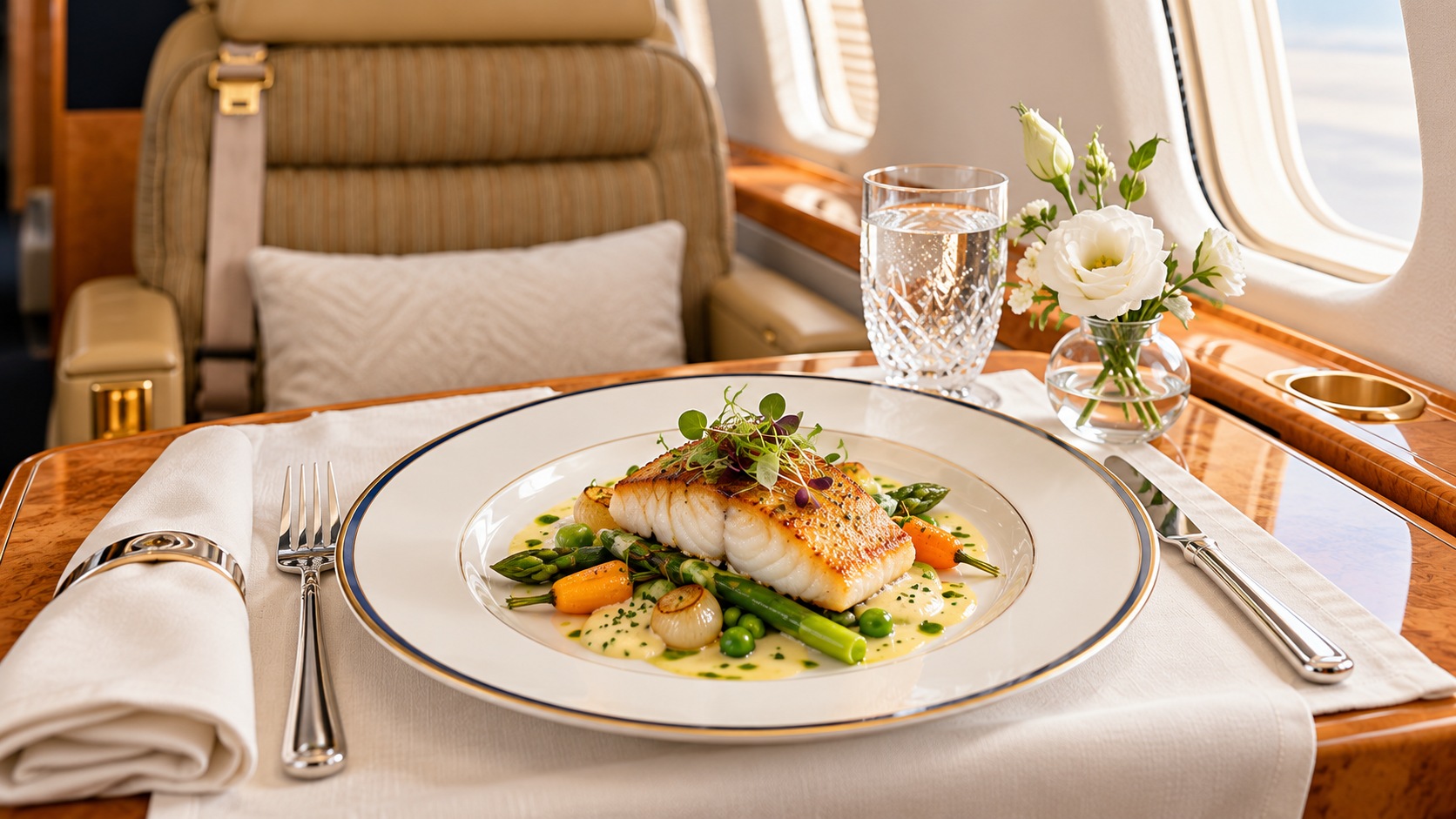 An elegantly plated meal with fine porcelain, crystal and a small flower arrangement