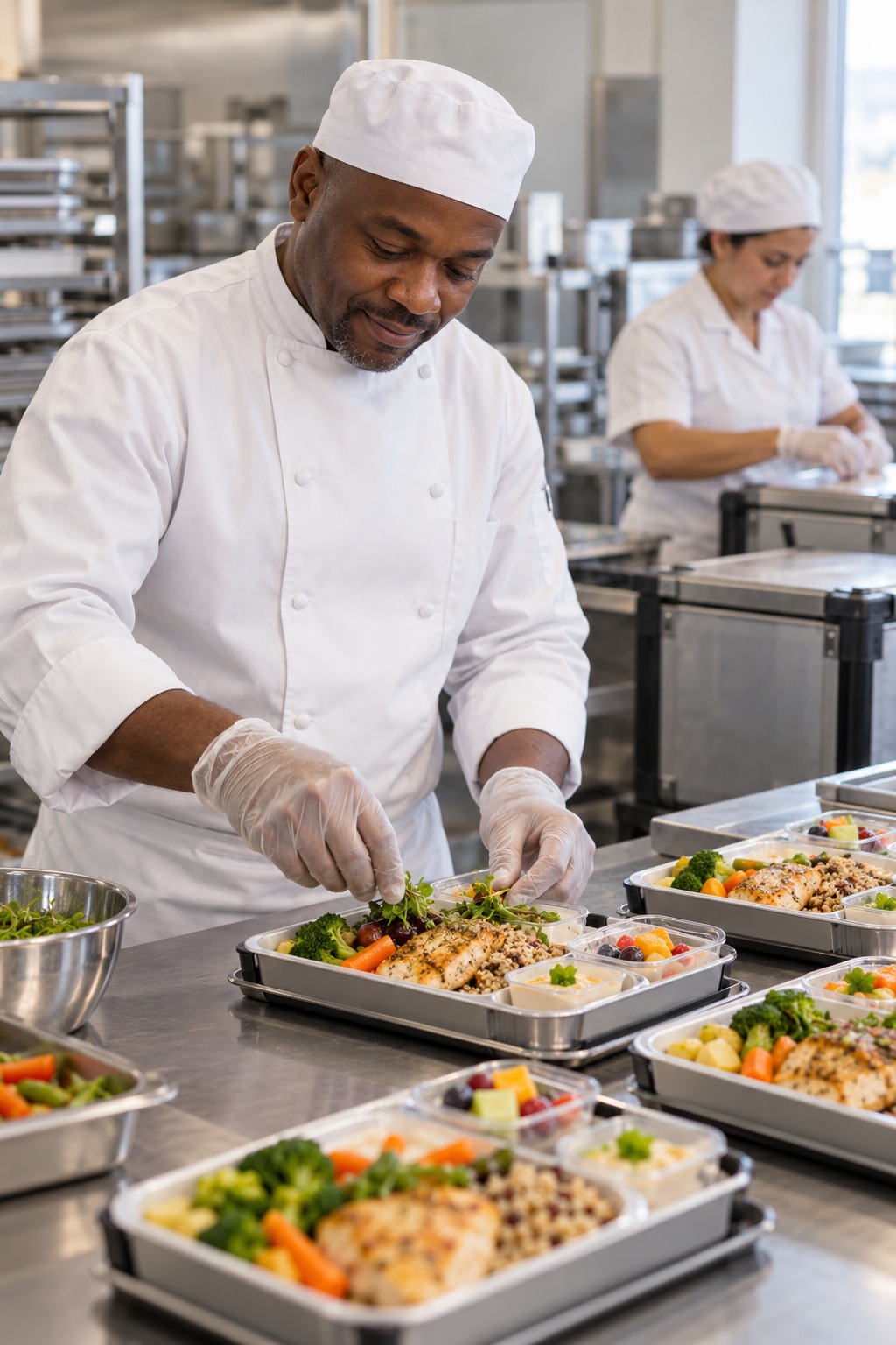 An aviation catering team preparing meals and packing them for delivery to an aircraft