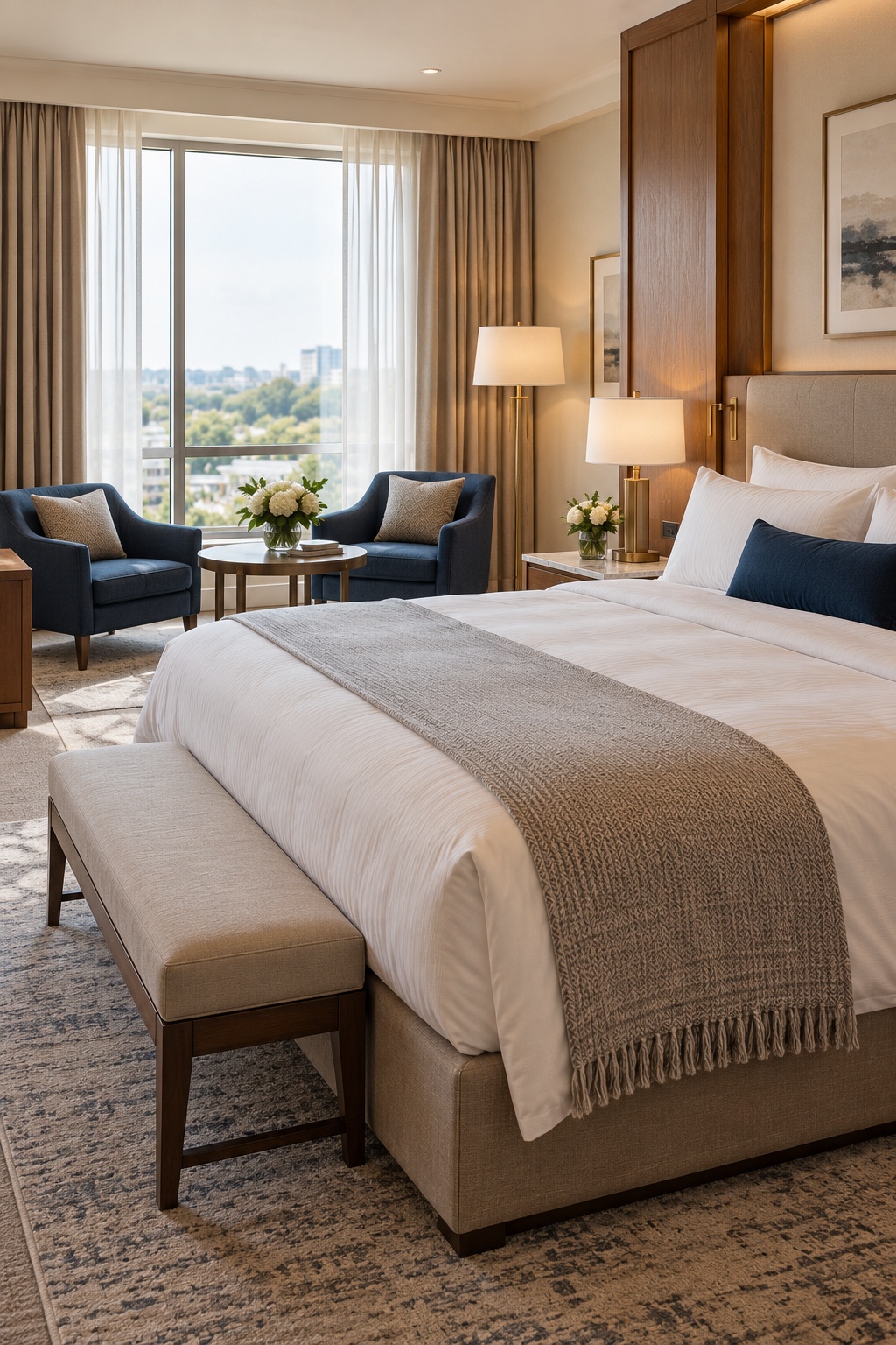 A luxurious hotel suite with a king-size bed, elegant furnishings and natural daylight