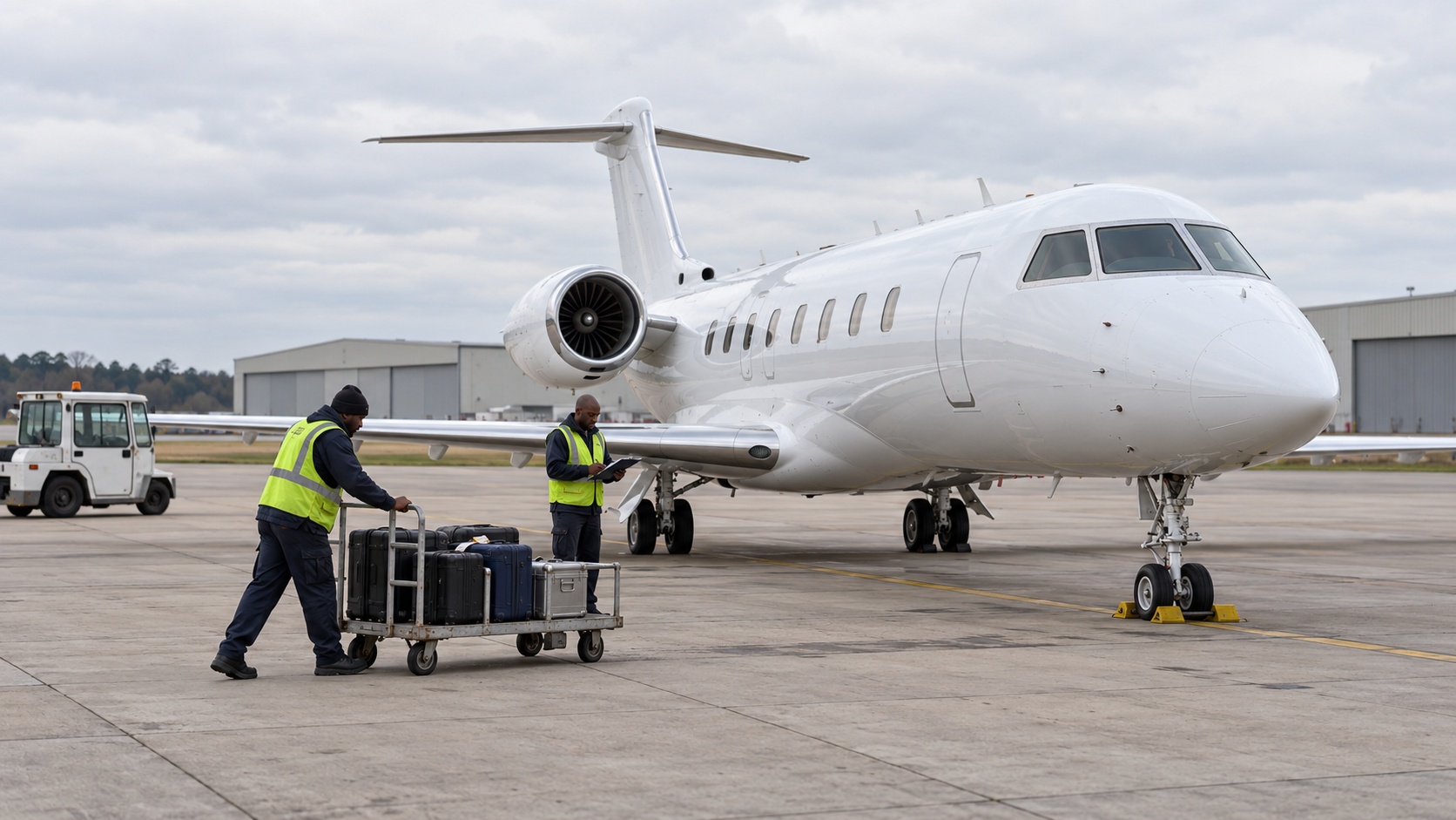 An all-white private jet receiving ground support