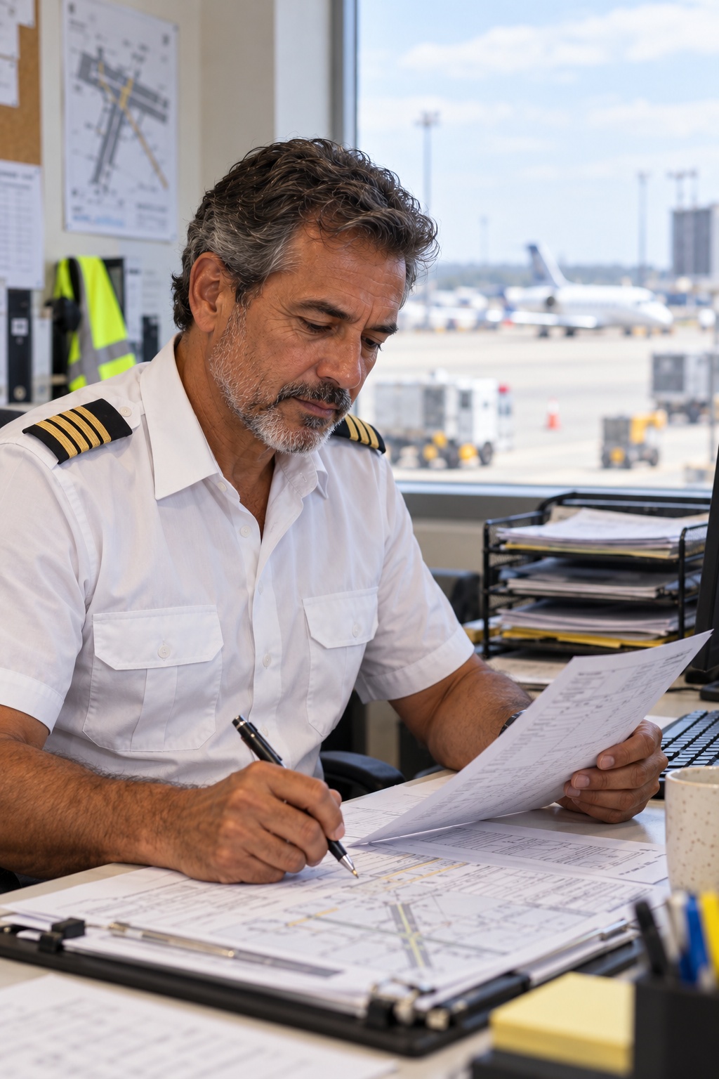 A middle-aged pilot with a salt-and-pepper beard reviewing flight planning documents