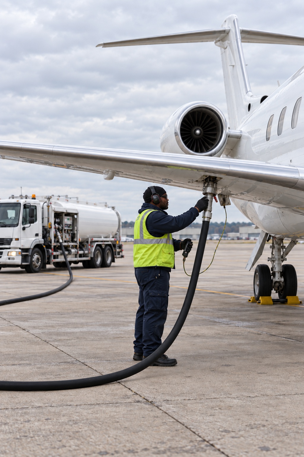 A ground technician refuelling an all-white private jet from a fuel truck